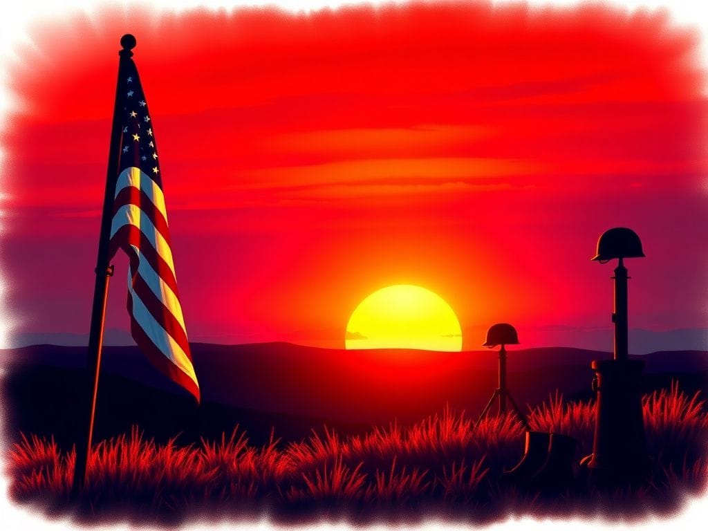 Flick International Vibrant sunset landscape with American flag honoring veterans