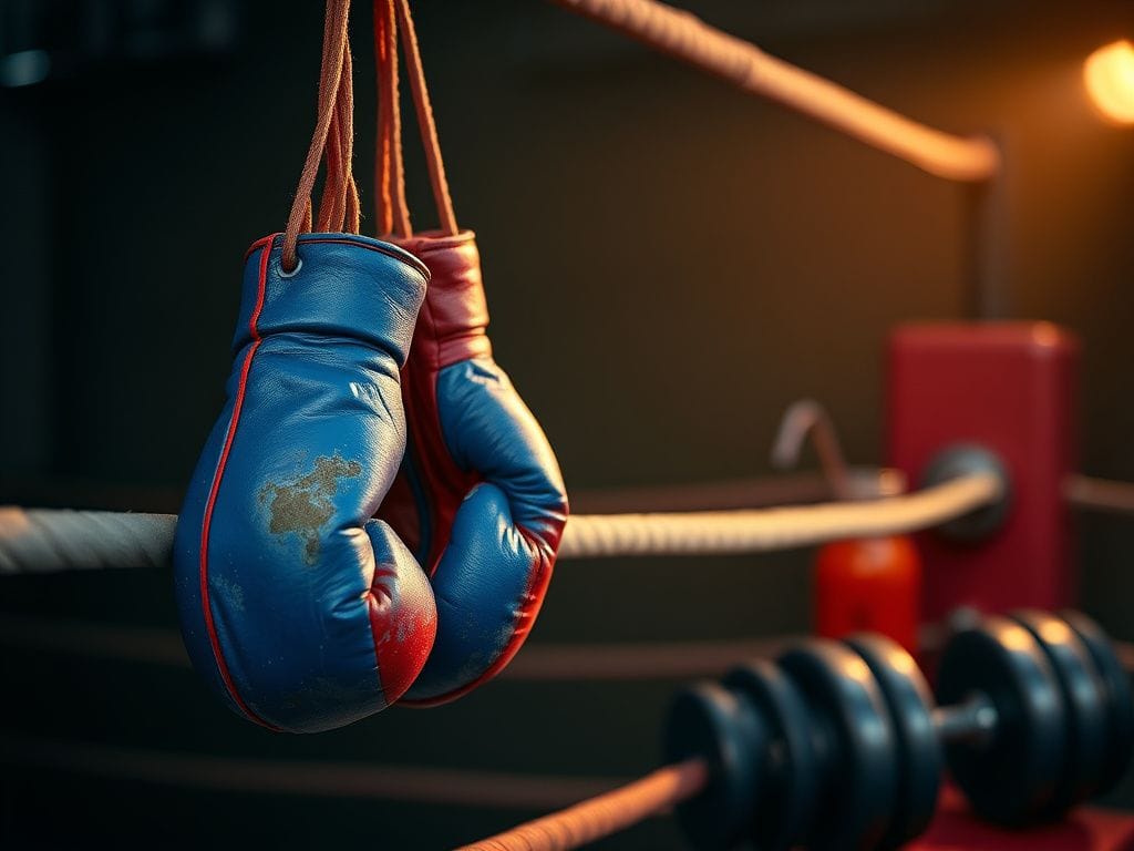 Flick International A close-up of a boxing ring with worn blue and red gloves hanging from the ropes, symbolizing intense training for a role.