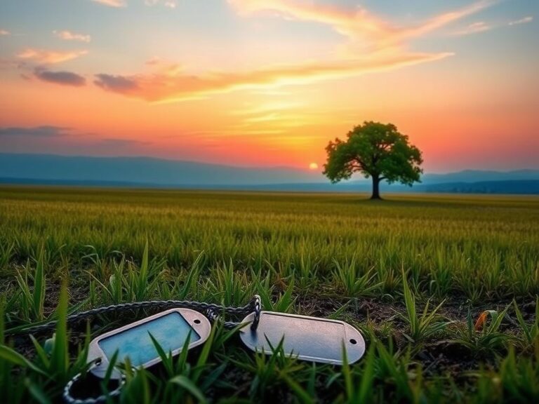 Flick International A serene sunrise over an open field with a military dog tag in the foreground, symbolizing hope for veterans