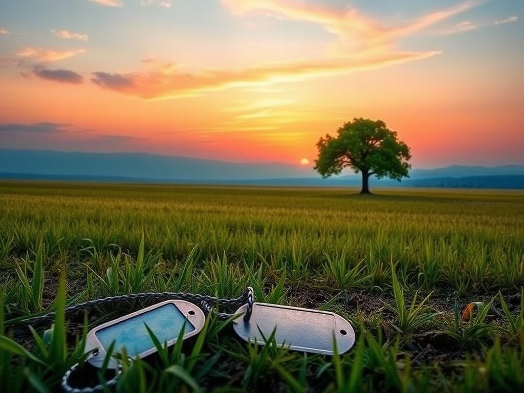 Flick International A serene sunrise over an open field with a military dog tag in the foreground, symbolizing hope for veterans