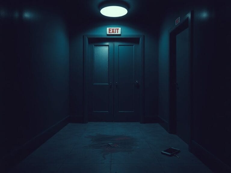 Flick International Dimly lit apartment building elevator with unsettling shadows and scuff marks