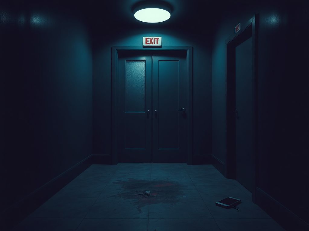 Flick International Dimly lit apartment building elevator with unsettling shadows and scuff marks