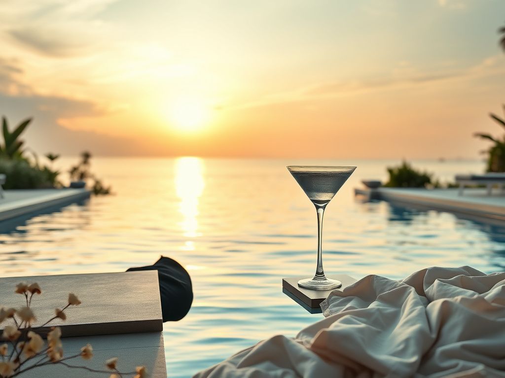 Flick International Tranquil swimming pool at sunset with luxurious black swimsuit