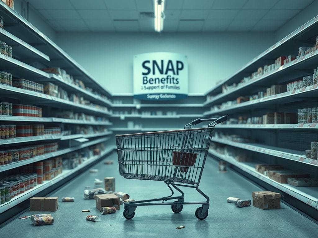 Flick International Somber empty grocery store aisle with scattered food items, highlighting SNAP benefits impact