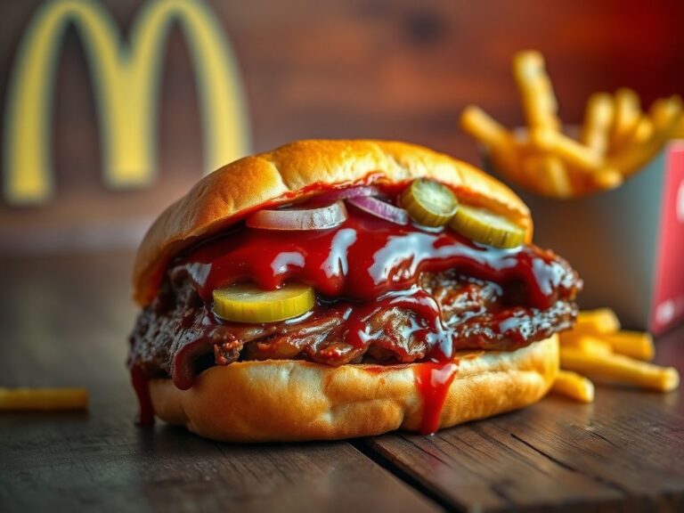 Flick International Close-up of a McRib sandwich with barbecue sauce, pickles, and onions on a rustic wooden table