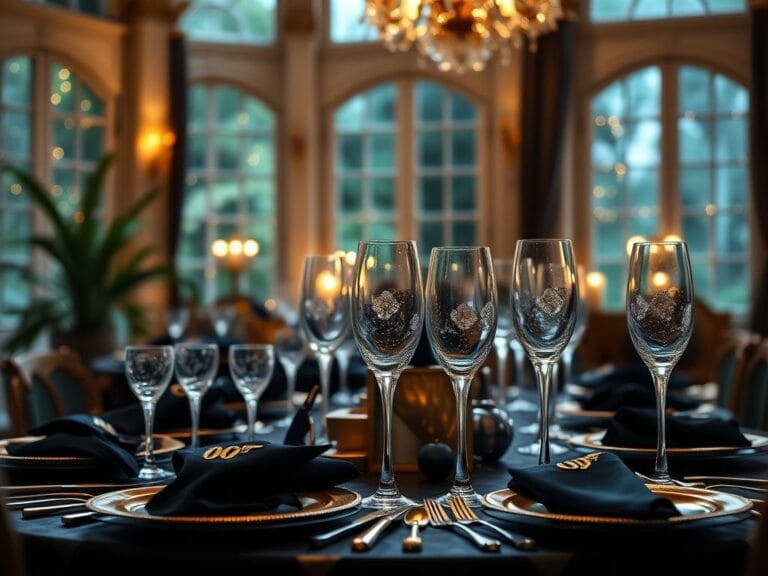 Flick International Glamorous James Bond-themed party table setting with elegant decorations