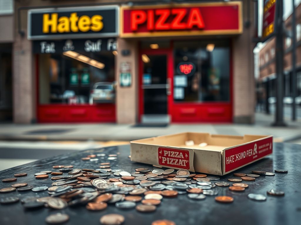 Flick International Chaos outside pizza shop with scattered coins and a half-empty pizza box