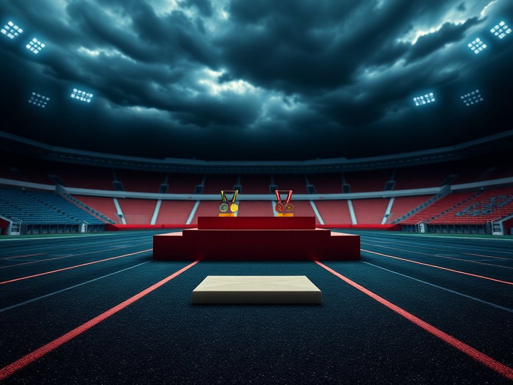 Flick International A dramatic image of an empty Olympic podium with gold, silver, and bronze medals in a blurred sports arena.