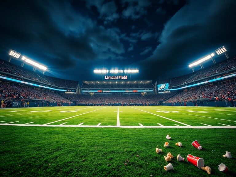 Flick International Night scene of Lincoln Financial Field with stadium lights illuminating the vibrant green turf and scattered remnants of fan interaction