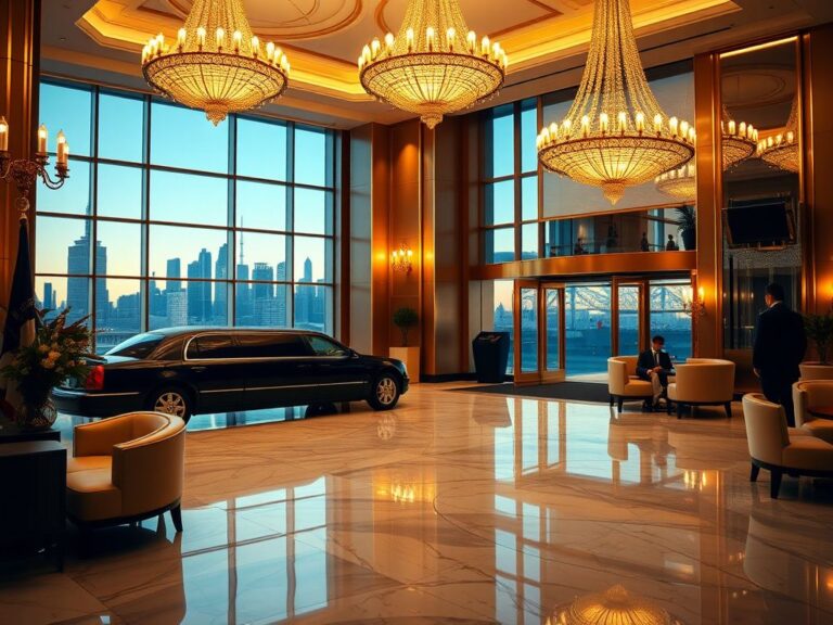 Flick International Luxurious hotel lobby with opulent decor and a black limousine parked outside.