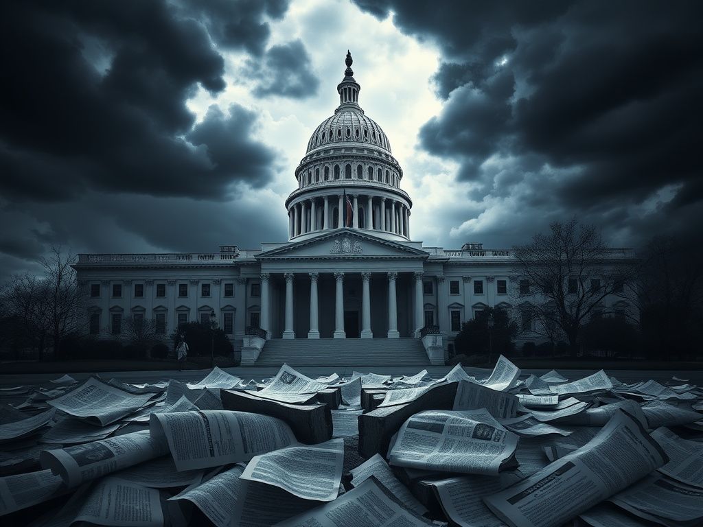 Flick International A dramatic depiction of a government building under dark storm clouds symbolizing political tension