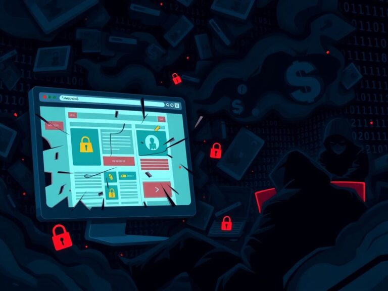 Flick International Ominous digital illustration of a fragmented e-commerce site under cyber attack