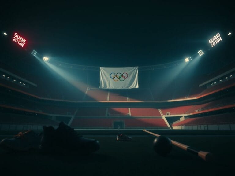 Flick International A dramatic scene of an empty Olympic stadium with athletic equipment symbolizing sports debate