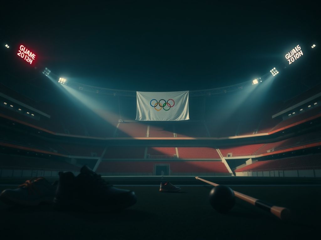 Flick International A dramatic scene of an empty Olympic stadium with athletic equipment symbolizing sports debate