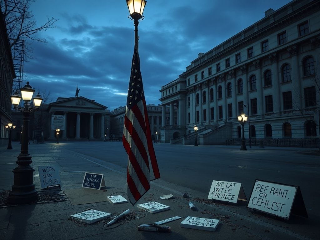 Flick International A dimly lit urban scene with a torn American flag and protest signs symbolizing political division