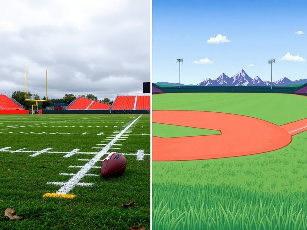 Flick International A split image showing a contrasting empty football field and a serene baseball diamond