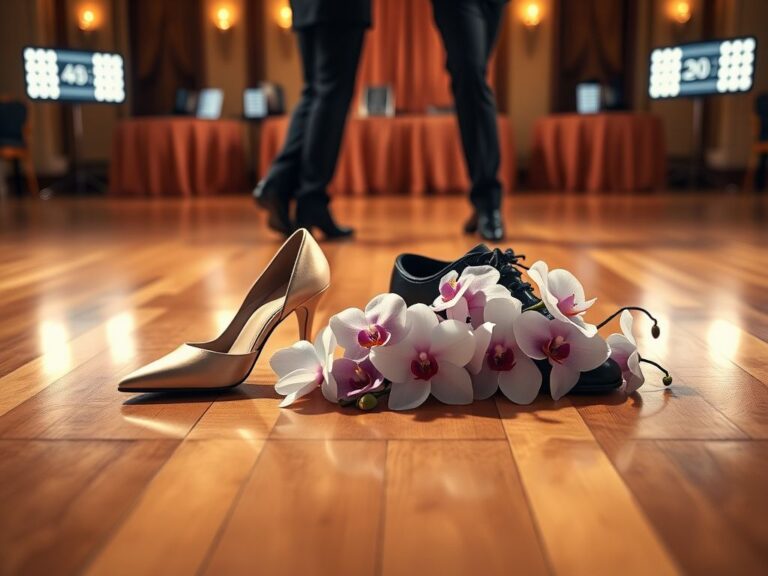 Flick International Artistic depiction of ballroom dance shoes symbolizing competition and support on a polished dance floor