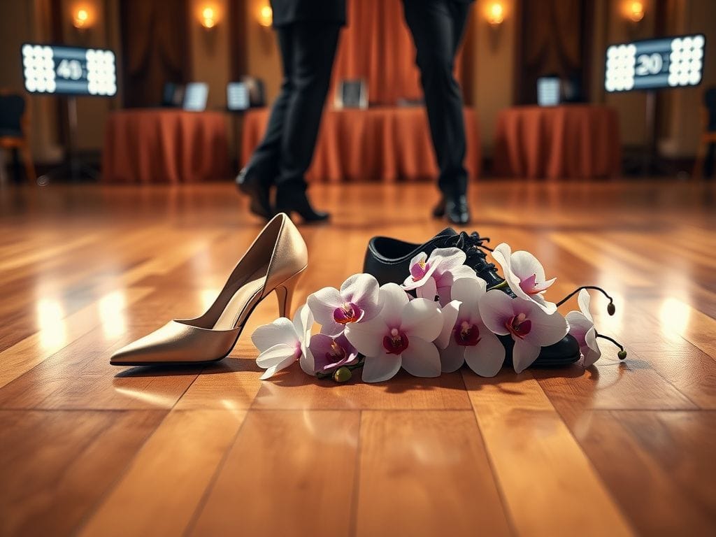 Flick International Artistic depiction of ballroom dance shoes symbolizing competition and support on a polished dance floor