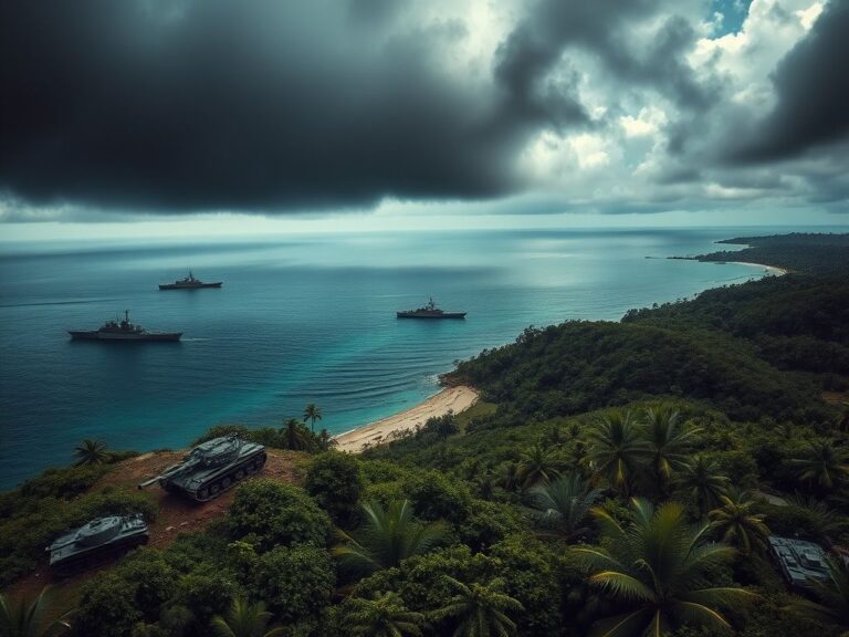 Flick International Aerial view of a Caribbean coastline with military equipment and U.S. Navy warships