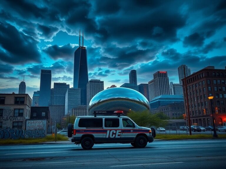 Flick International Urban landscape of Chicago at twilight with the Willis Tower and 'Bean' sculpture.