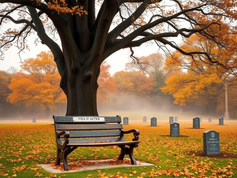 Flick International Serene autumn landscape at the National Memorial Arboretum with a wooden bench and memorial stones