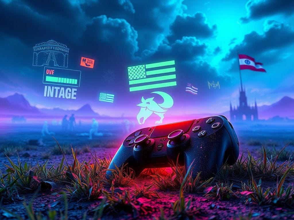 Flick International A broken game controller symbolizes the decline of traditional gaming values in a futuristic landscape.