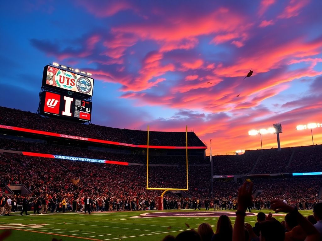 Flick International Vibrant college football stadium scene at dusk showcasing rival teams Indiana Hoosiers and Ohio State Buckeyes