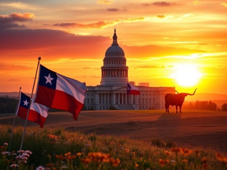 Flick International A dramatic depiction of the Texas state capitol building at sunset with rolling hills and Texas flags