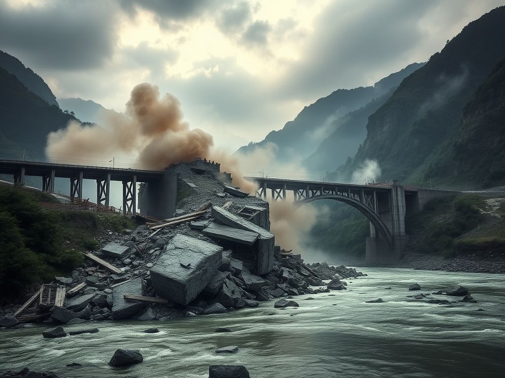 Flick International Ruins of the Hongqi Bridge collapsed into a river in Sichuan Province