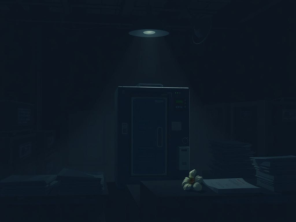 Flick International USPS mail handling machine in a dimly lit distribution center reflecting a tragic incident