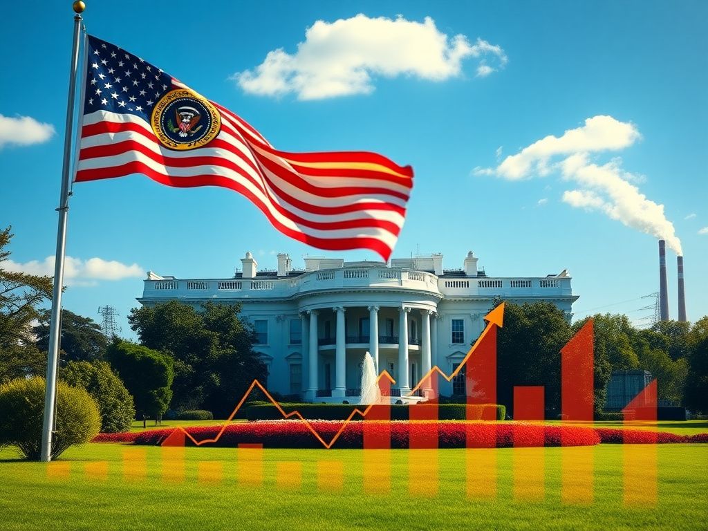 Flick International Dramatic view of the White House with American flag and presidential seal