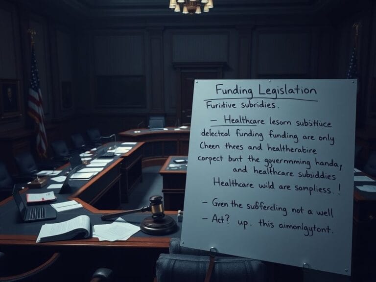 Flick International Dimly lit hearing room with wooden desks illustrating political tension during shutdown debates
