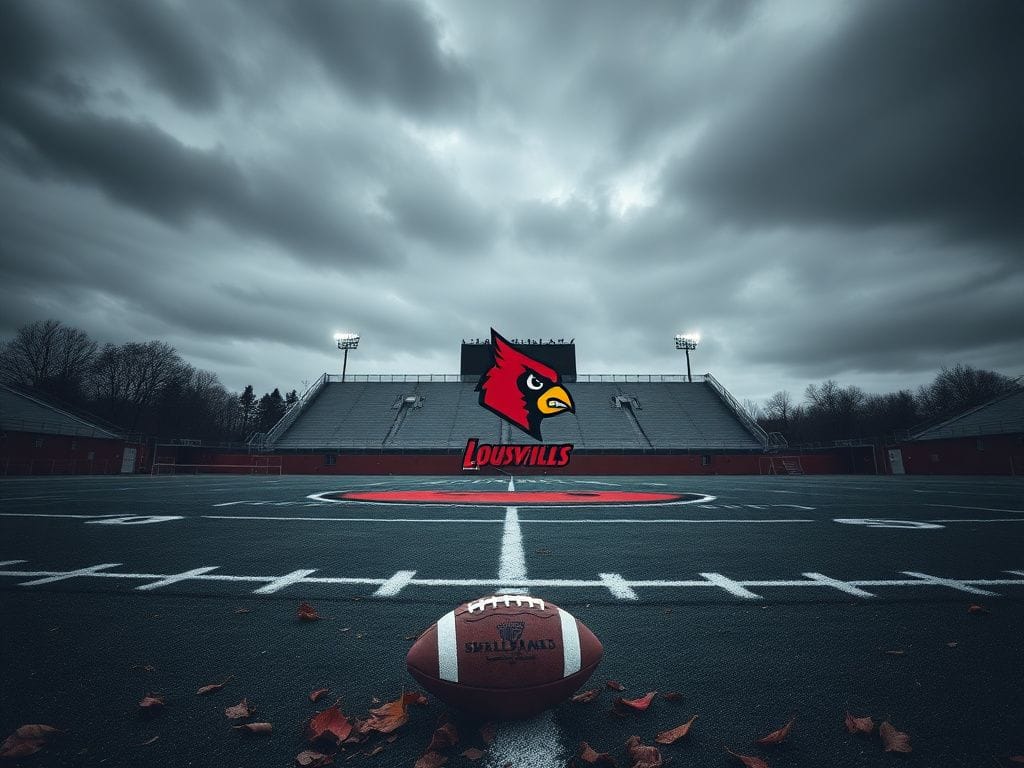 Flick International Dark overcast sky over a deserted football field with Louisville Cardinals logo