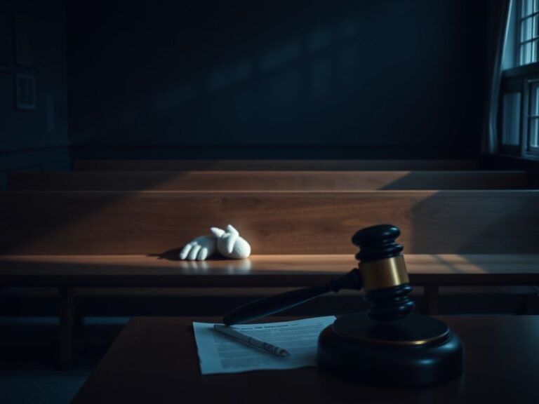 Flick International An empty wooden bench in a darkened courtroom with a child's toy abandoned on it.