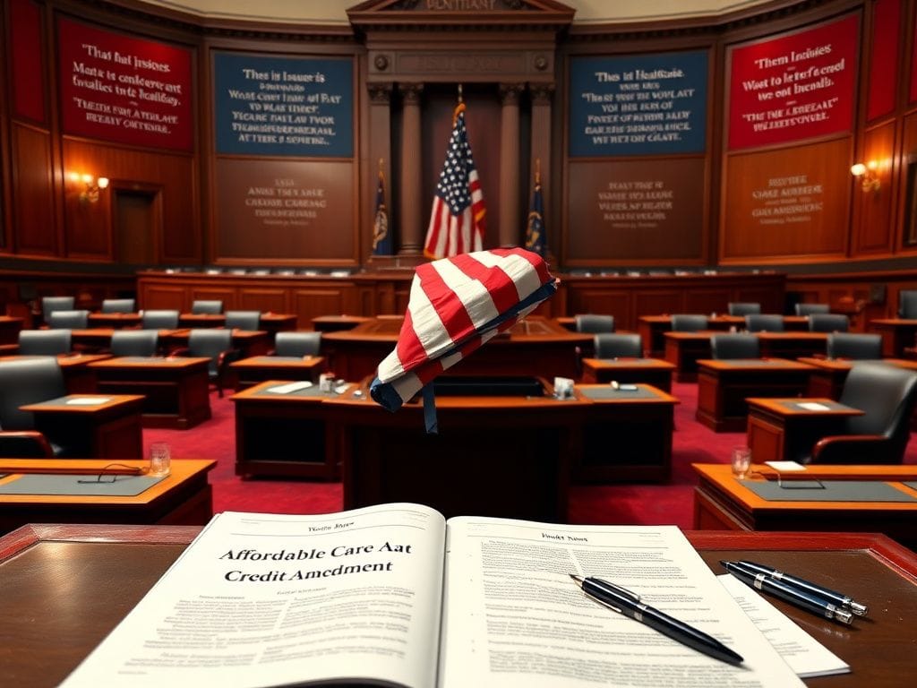 Flick International Empty House of Representatives chamber with an American flag and legislative documents