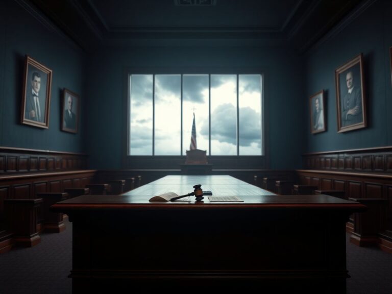 Flick International A solemn empty courtroom representing justice and authority