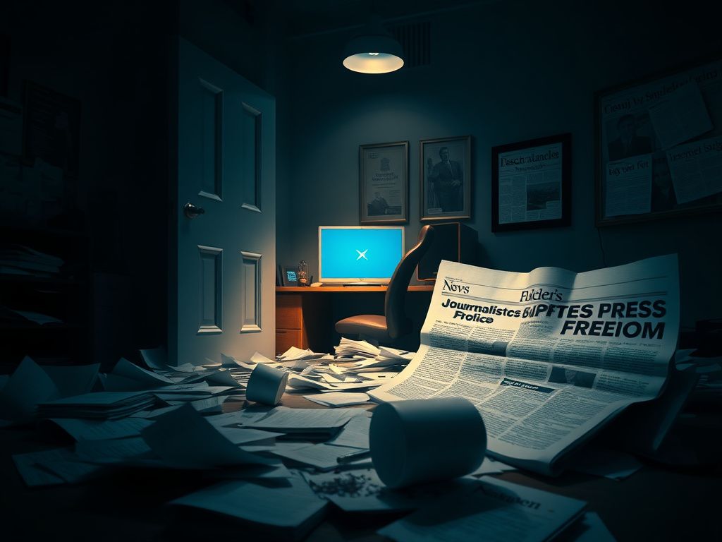 Flick International Dimly lit office door leading into a chaotic newsroom with scattered papers and an abandoned computer