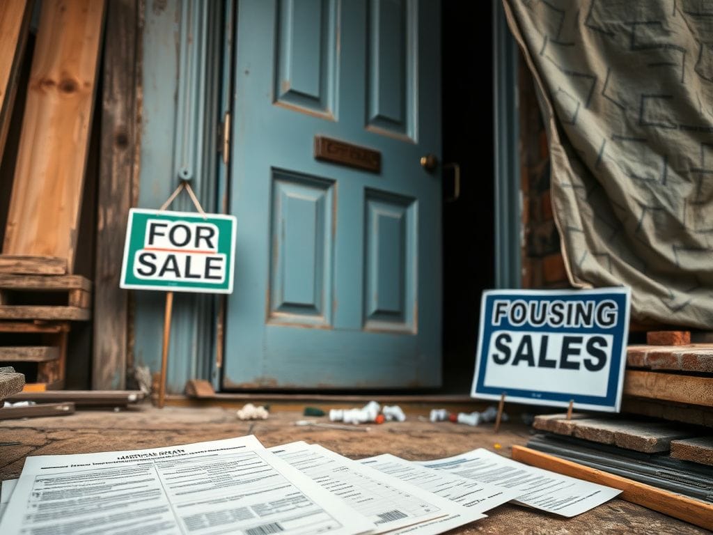 Flick International Close-up shot of a weathered blue front door with a 'For Sale' sign, symbolizing the American Dream of homeownership
