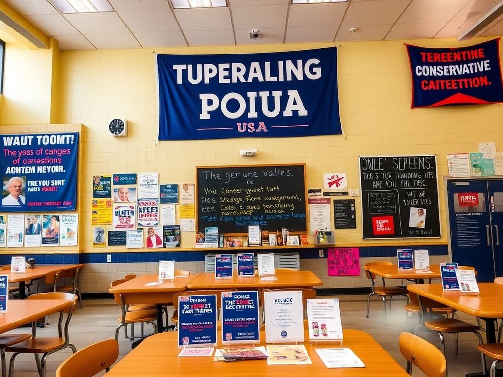 Flick International High school cafeteria with conservative banners and posters promoting free speech
