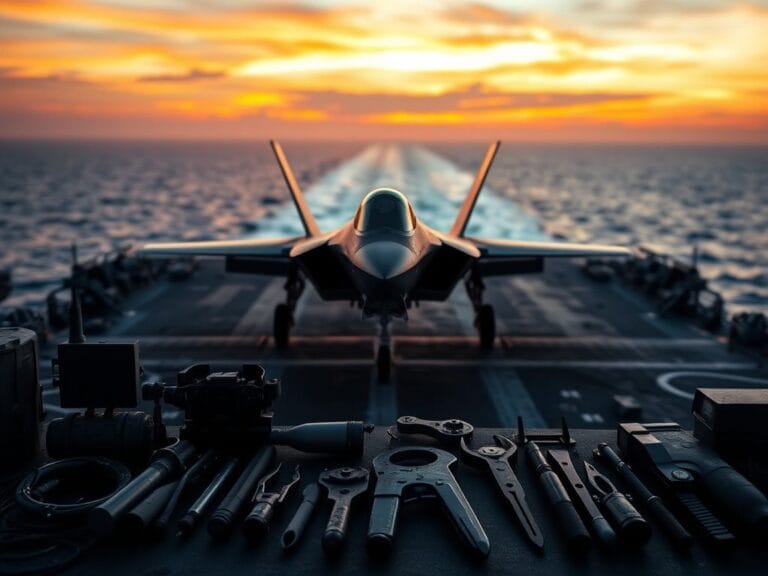 Flick International F-35B stealth fighter poised for launch on an aircraft carrier at sunset