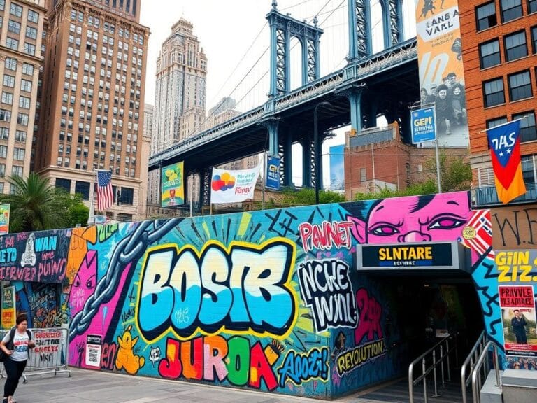 Flick International Vibrant mural depicting symbols of change and revolution in a bustling New York City square.