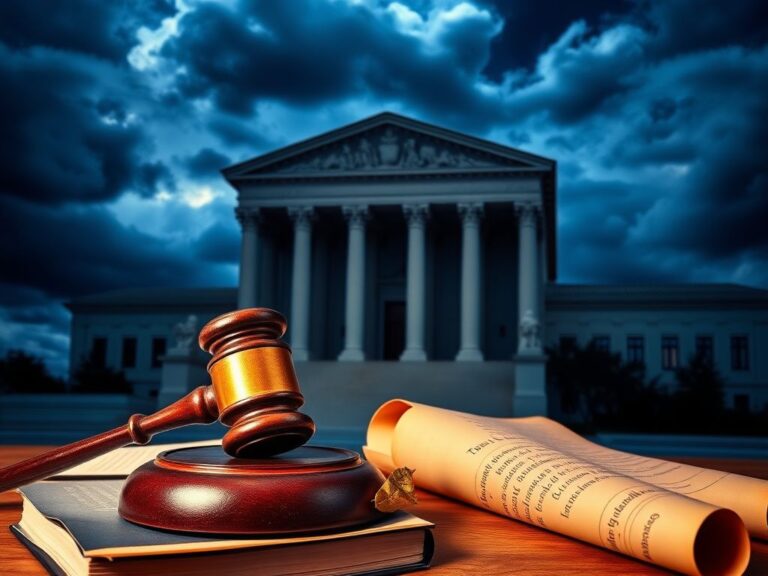 Flick International Dramatic courtroom scene with the Supreme Court building under a stormy sky