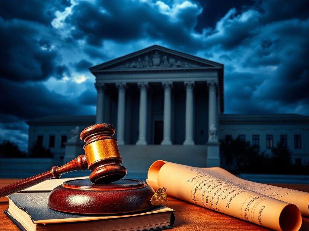 Flick International Dramatic courtroom scene with the Supreme Court building under a stormy sky