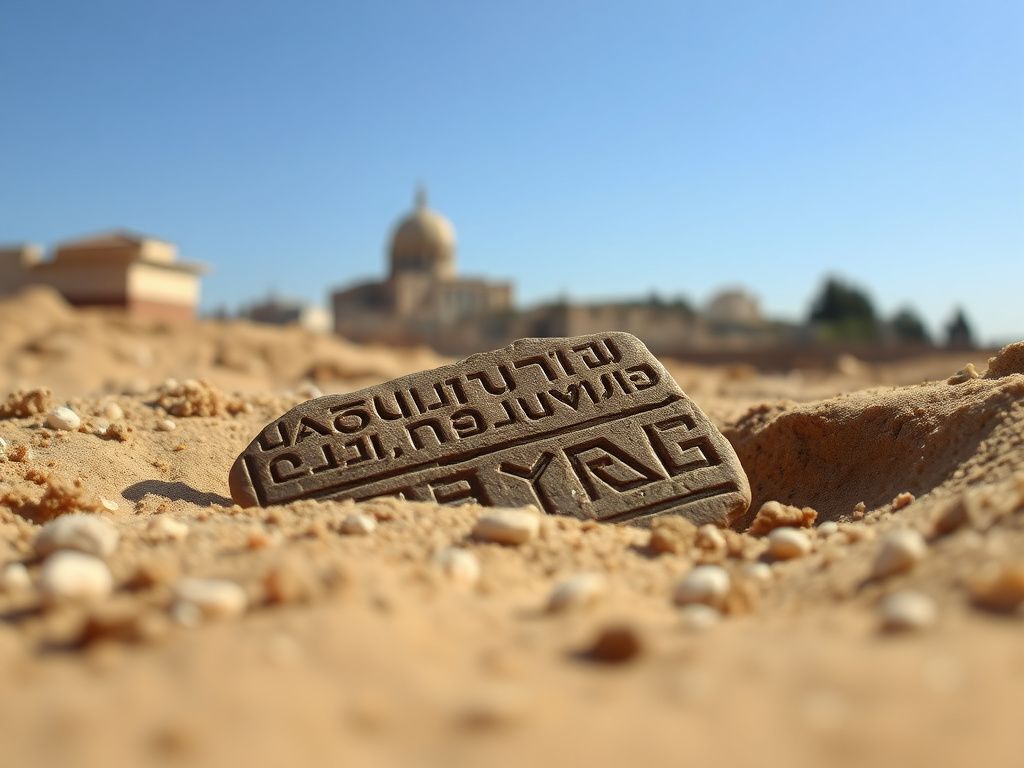 Flick International Close-up view of an ancient pottery fragment with cuneiform script found in Jerusalem