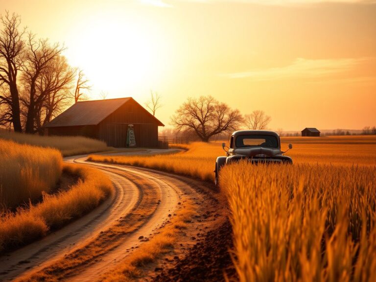 Flick International Rustic Southern landscape at dawn featuring a winding dirt road and a turnip truck