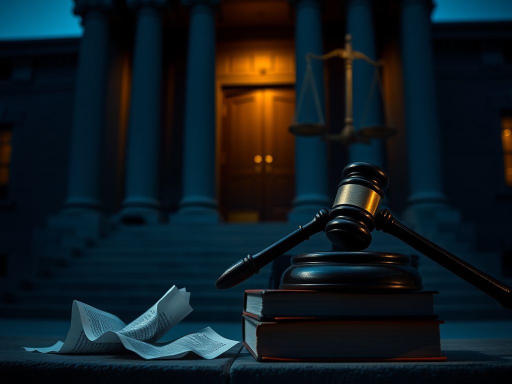 Flick International Courthouse facade at dusk with a gavel and legal books