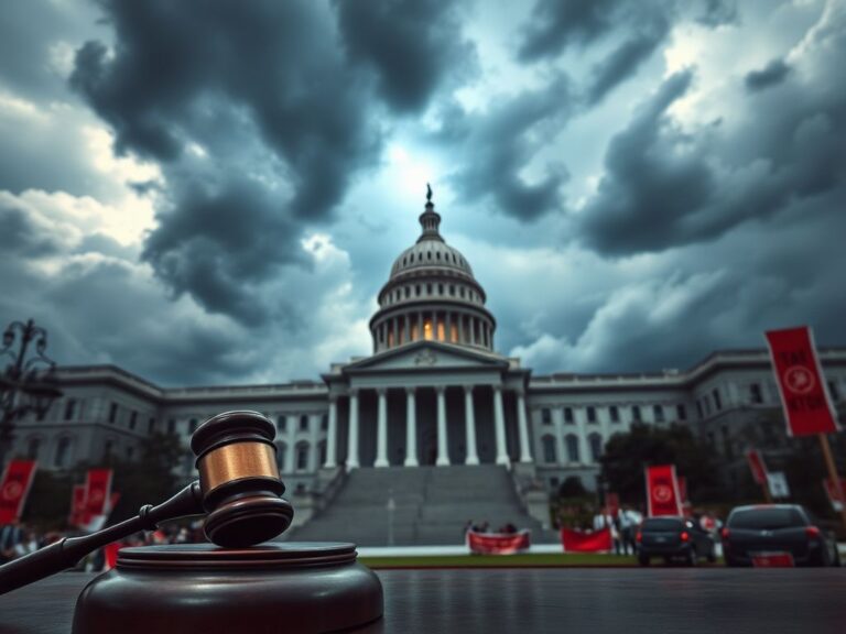 Flick International A dramatic governmental scene with a gavel on a desk and storm clouds over the Capitol