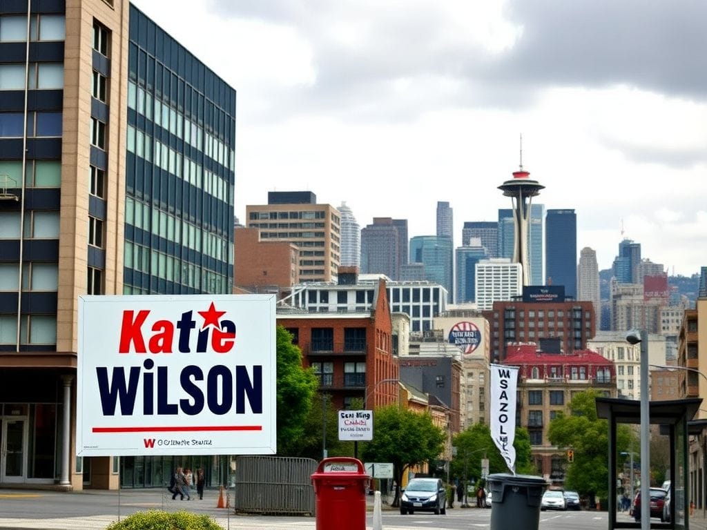Flick International Urban landscape in Seattle with a campaign sign for candidate Katie Wilson