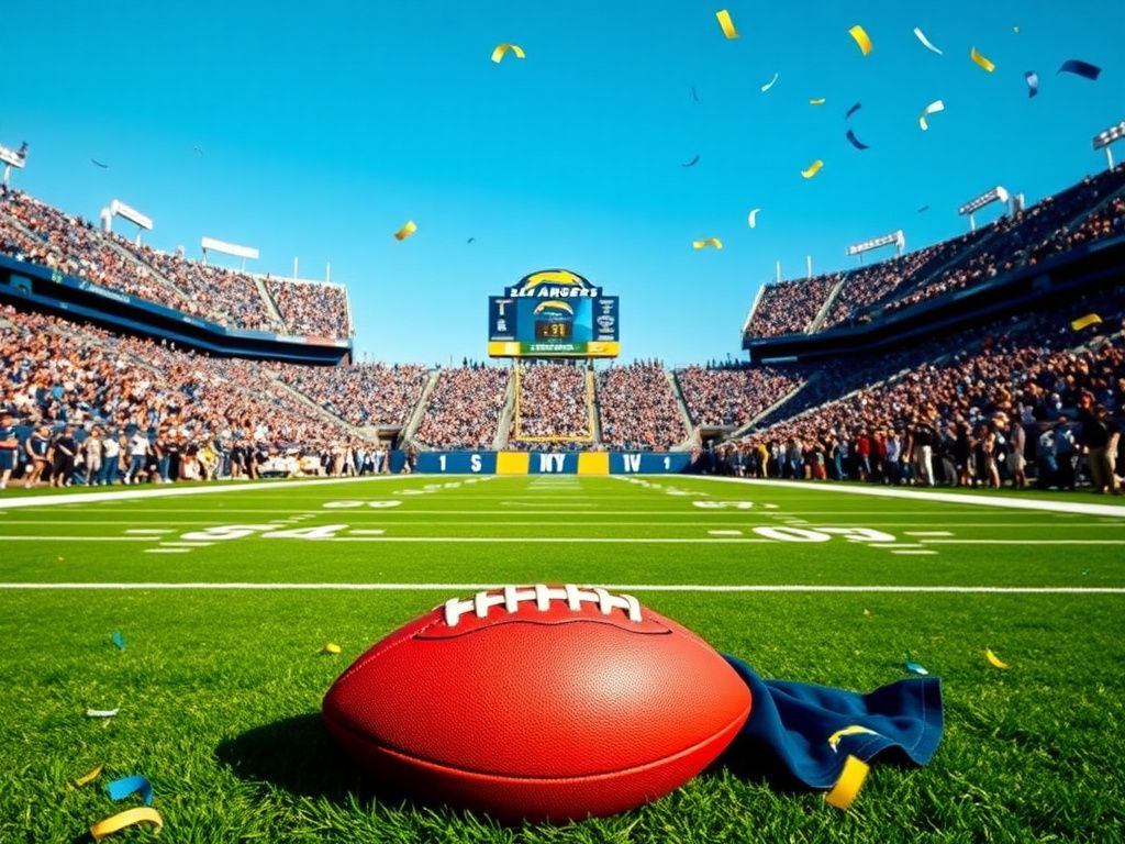 Flick International A vibrant football stadium filled with Los Angeles Chargers fans in navy blue and gold, with a football resting on the ground and a clear blue sky.