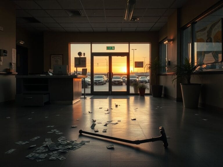 Flick International Abandoned bank interior after robbery with scattered cash and a neglected cane